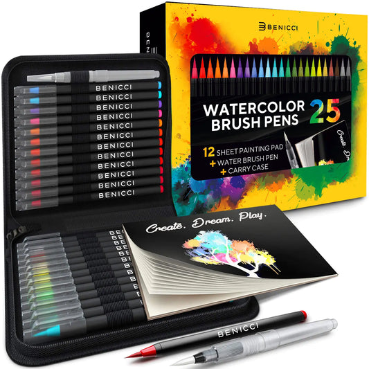 Watercolor Brush Pens Set of 25 Colors - Vibrant Watercolor Markers for Adults & Kids w/ Flexible Nylon Brush Tips - Includes 1 Blending Brush & Carry Case, Great for Watercolor Painting, Calligraphy