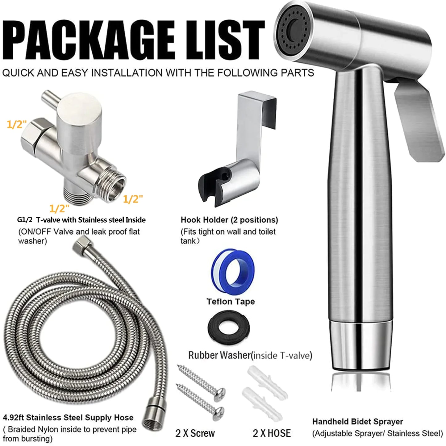 Toilet Shattaf Adapter Hose Bidet Spray Stainless Steel Handheld Shower Head