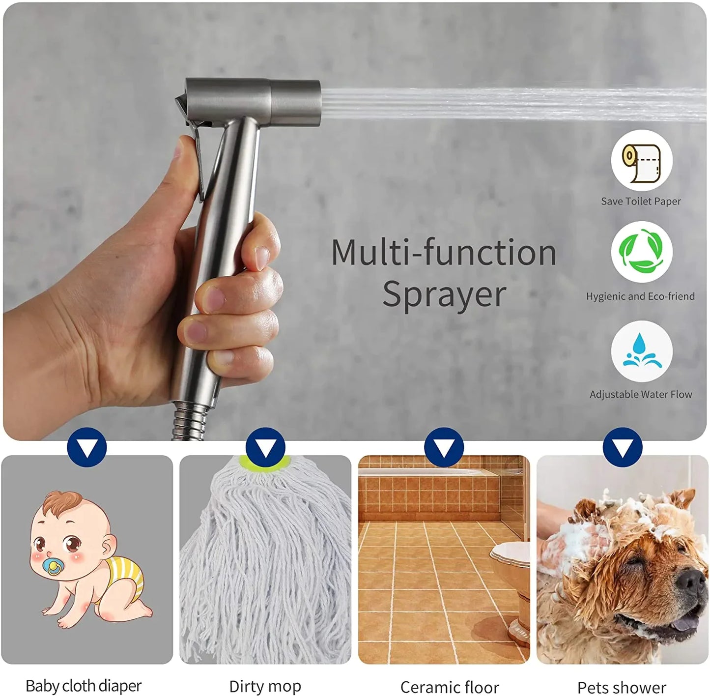 Toilet Shattaf Adapter Hose Bidet Spray Stainless Steel Handheld Shower Head