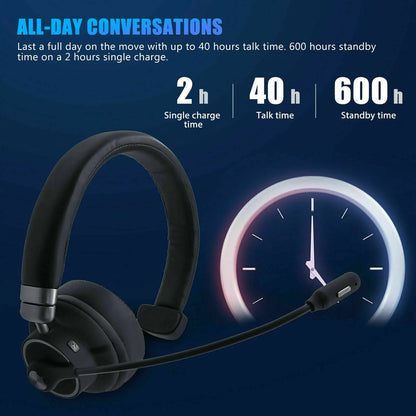 Wireless Headset Truck Driver Noise Cancelling Over-Head Bluetooth Headphones US