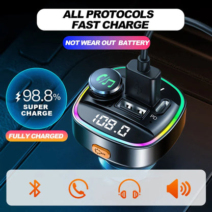 Bluetooth 5.0 Car Wireless FM Transmitter Adapter USB PD Charger AUX Hands-Free