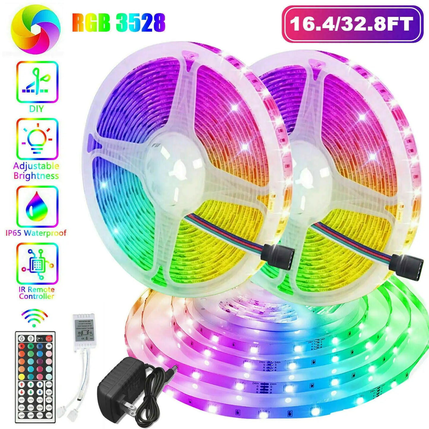 32FT LED Strip Lights Remote Control Bedroom Waterproof for Indoor Outdoor Use